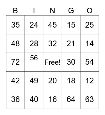 Multiplication Facts Bingo Card