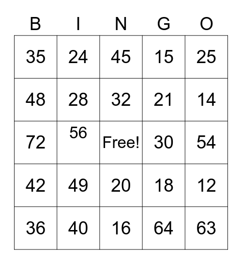 Multiplication Facts Bingo Card