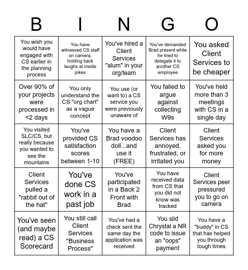 Client Services...Experiences Bingo Card