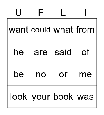 Heart Word Bingo Card