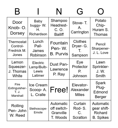 African American Inventors Bingo Card