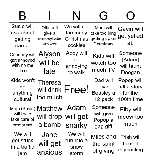 Holiday 'fun' bingo Card