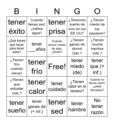 Tener Expression Bingo Card