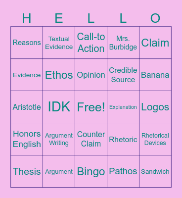Argumentaver Vocabv Bingo Card