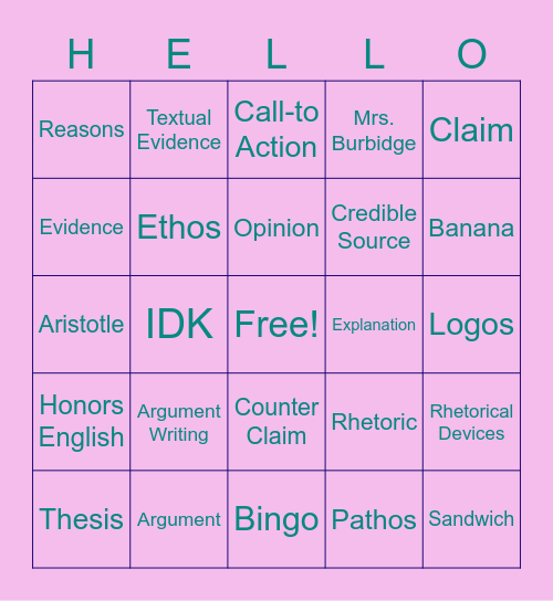 Argumentaver Vocabv Bingo Card