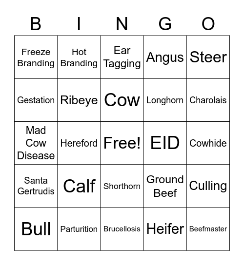 Cattle Bingo Card