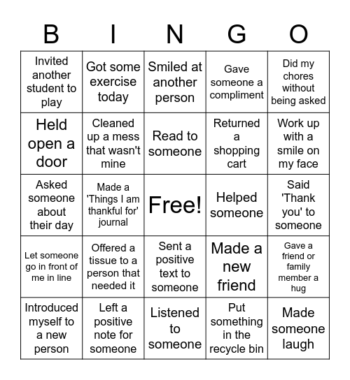 Ways to Spread Kindness Bingo Card