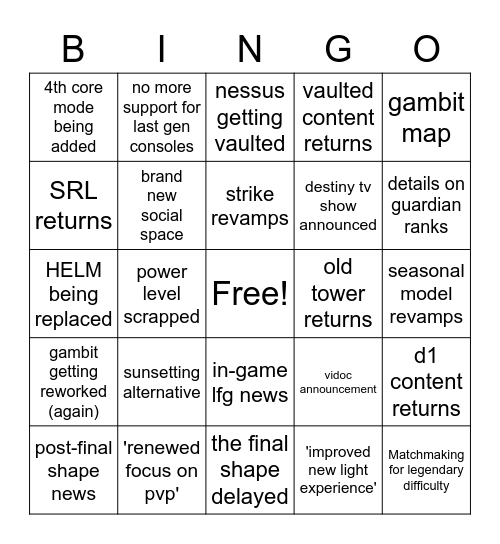 DESTNY 2 STATE OF THE GAME Bingo Card