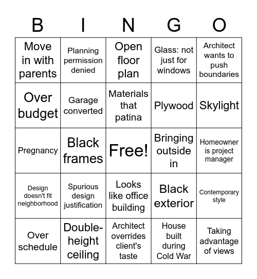 Ugly House to Lovely House Bingo Card