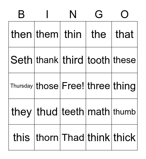 TH DIGRAPH BINGO Card