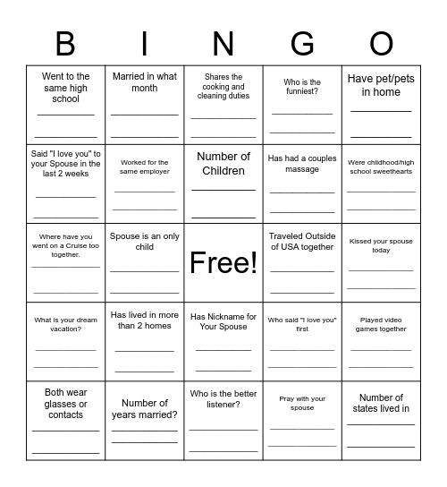 Marriage Ministry Gala Bingo Card