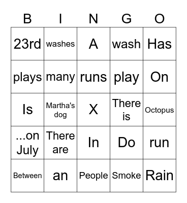English I Bingo Card
