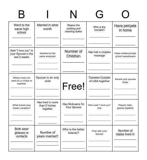 Marriage Ministry Gala Bingo Card