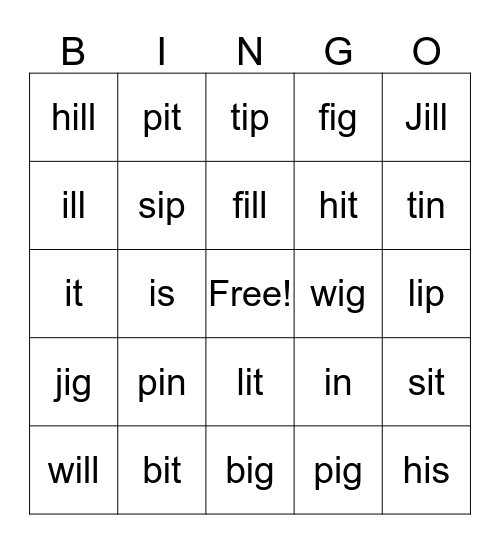 short i bingo Card