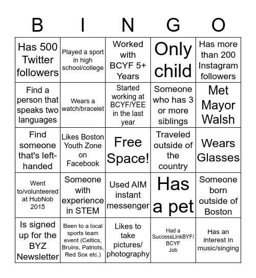 BCYF: YEE Bingo! Bingo Card