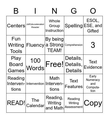 Family Literacy Night BINGO Card