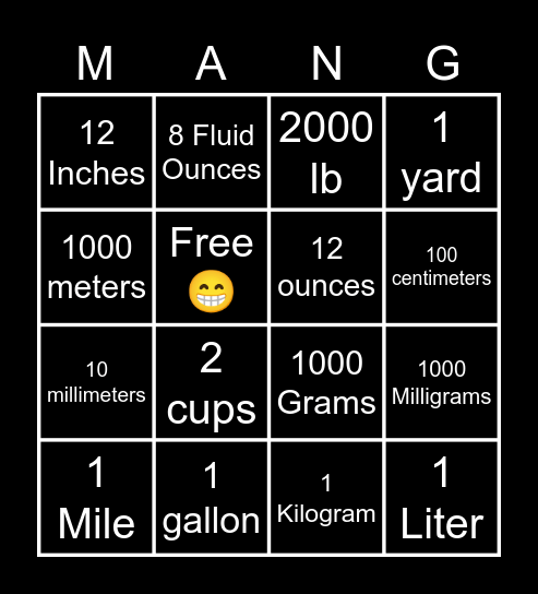 Measurement Conversion Mang Bingo Card