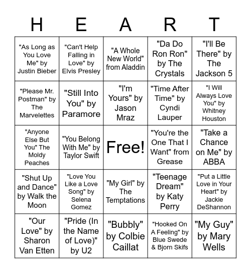 Love Song Bingo Card