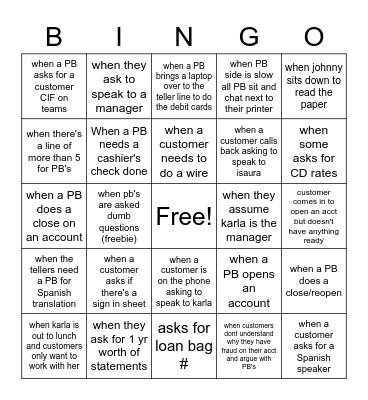 Personal Banker Bingo Card