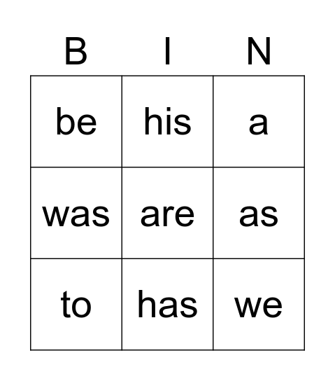 Heart Words Bingo Card