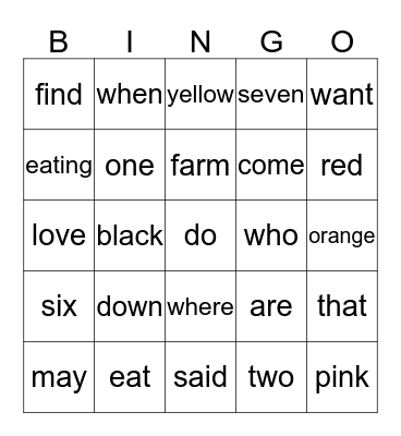 Sight Word Bingo Card