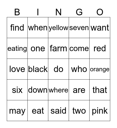 Sight Word Bingo Card