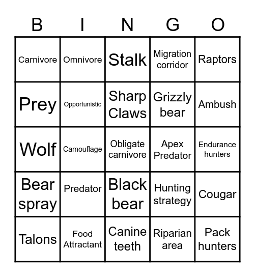 Wildlife Bingo Card