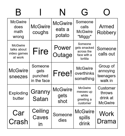 McGwire's Work Chaos Bingo Card