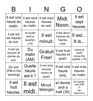 L'heure (The time) Bingo Card