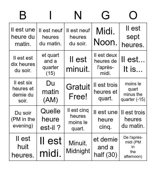 L'heure (The time) Bingo Card