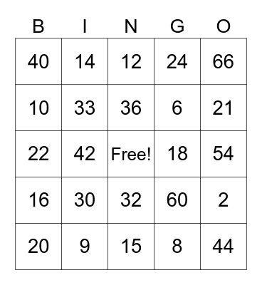 Multiplication Facts 2-3-4-6 Bingo Card