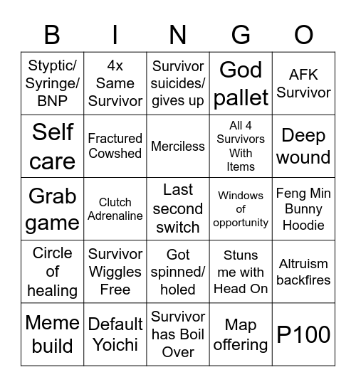 Xzult Killer Bingo Card