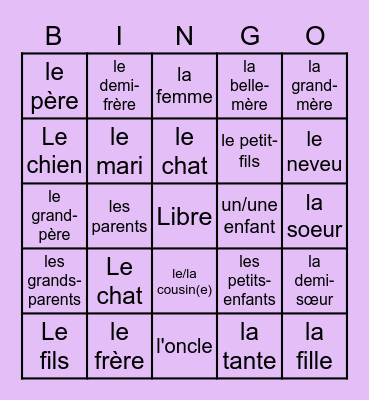 French Family Members Bingo Card