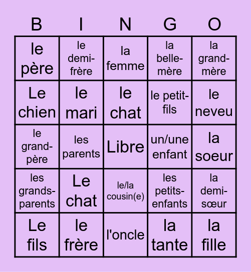 French Family Members Bingo Card