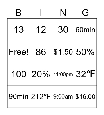 Food Numbers Bingo A Bingo Card