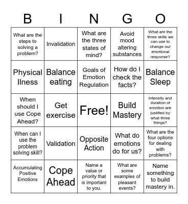 DBT Emotion Regulation Bingo Card