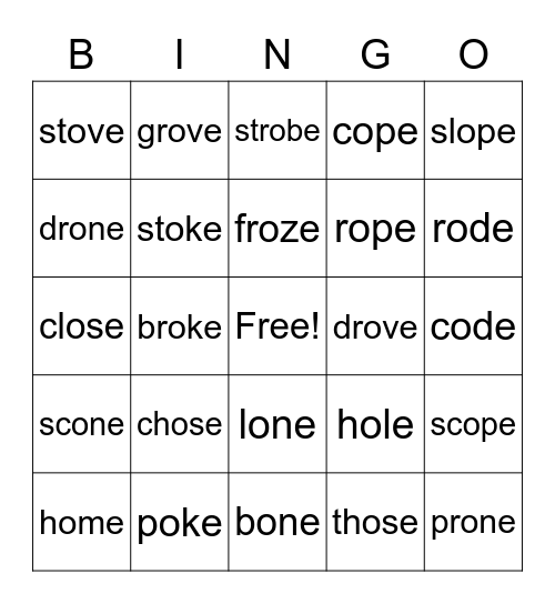 Long o Bingo Card