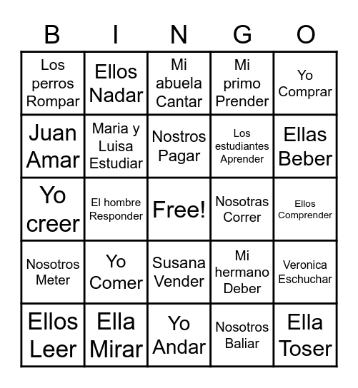 Present Tense -AR & -ER Conjugation Bingo Card