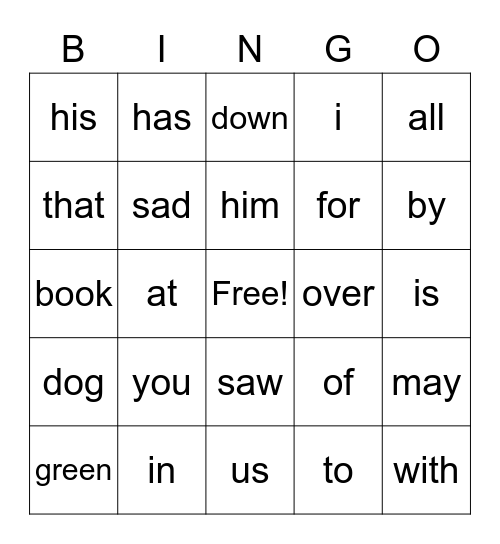 Word Bingo Bingo Card