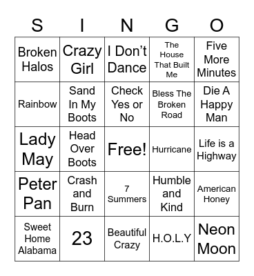 Country Music Singo Bingo Card