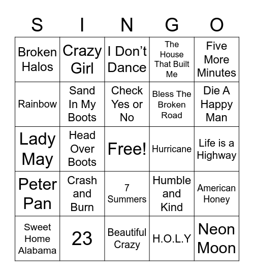 Country Music Singo Bingo Card