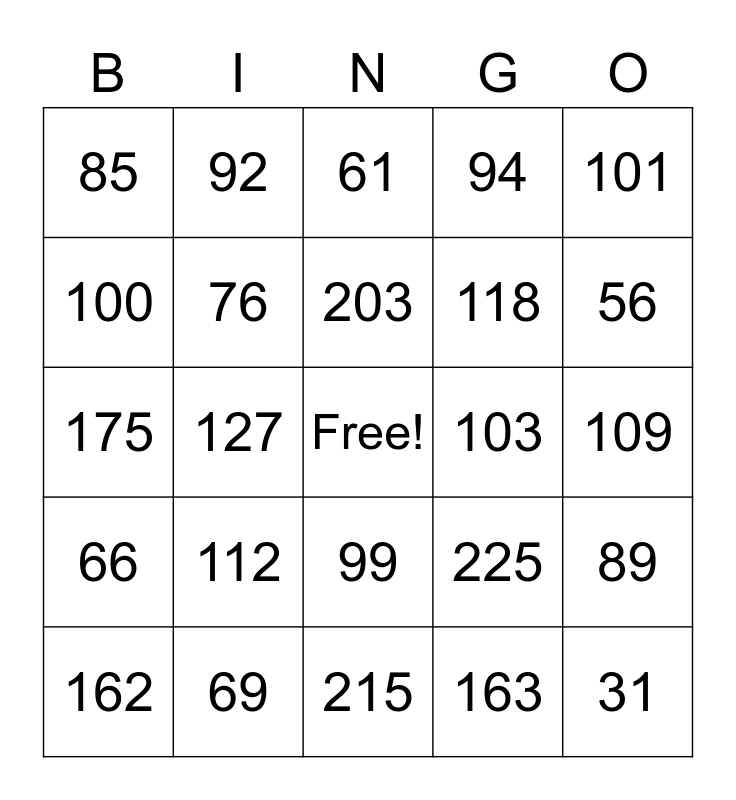 Subtraction BINGO Card