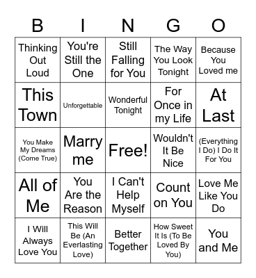 Round 1: Wedding Songs Bingo Card