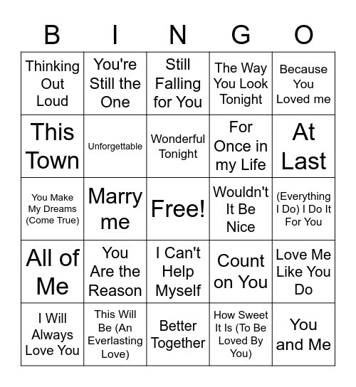 Round 1: Wedding Songs Bingo Card