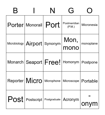 Word Cells 5 Bingo Card