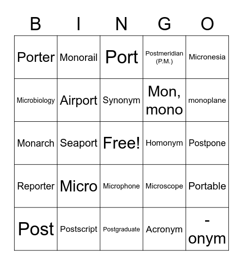 Word Cells 5 Bingo Card