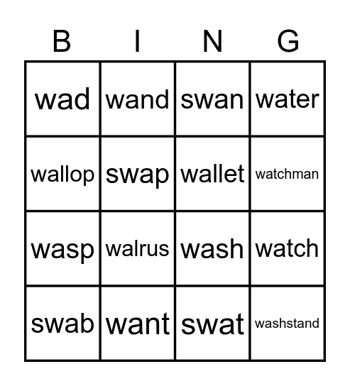 AL Words Bingo Card