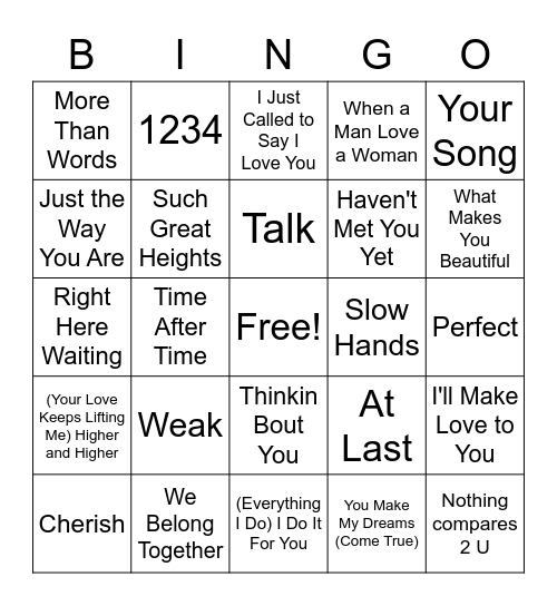 Round 2: Love Songs Bingo Card