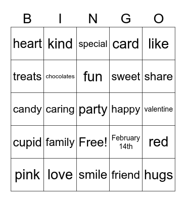 Valentines Words Bingo Card