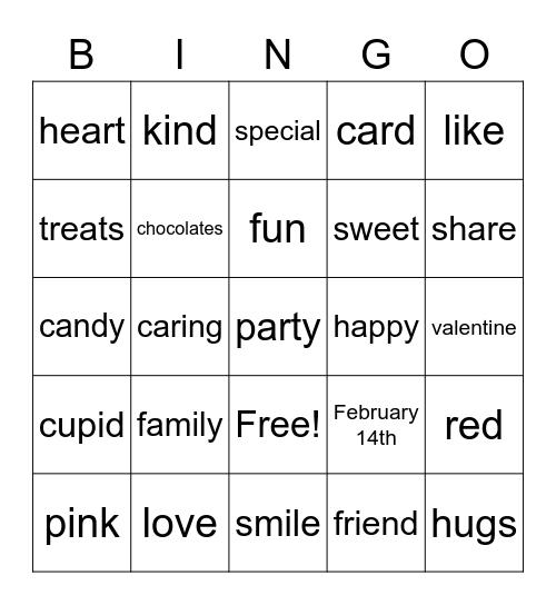 Valentines Words Bingo Card